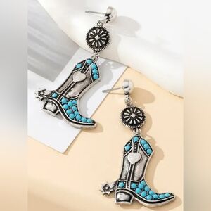 NEW Western Boho Cowgirl Turquoise Silver Boot Dangle Earrings (#059)
